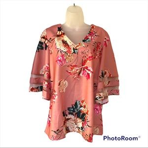 Satiny Silky Pink Floral Flutter Sleeve Top - Size Medium
